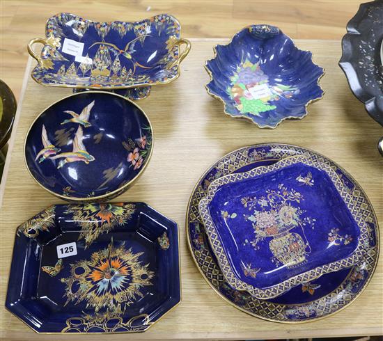 Five Carlton Ware mottled blue dishes and a bowl largest diameter 32cm (6)